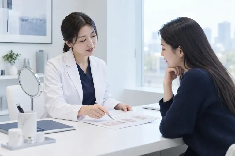 醫師與來訪者一起討論療程計畫的諮詢情境